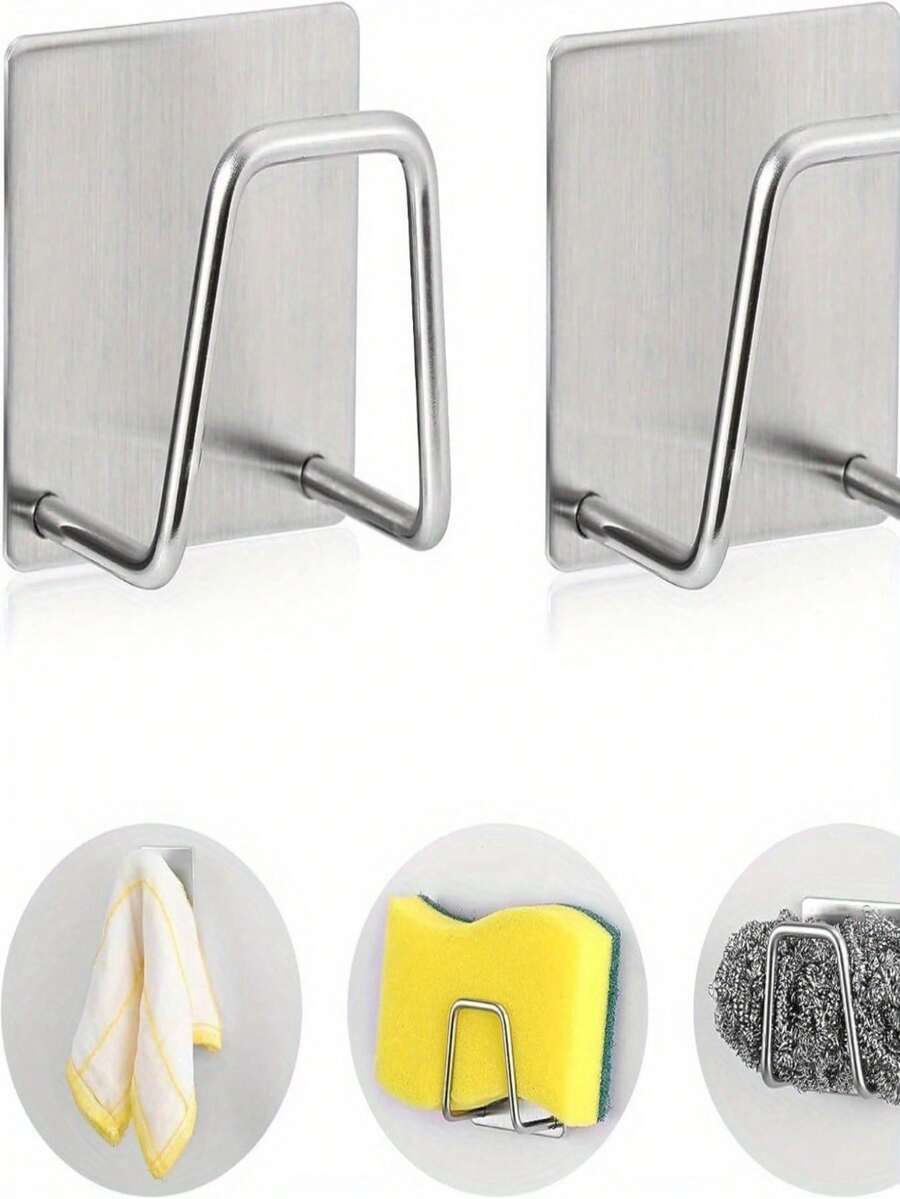 2pcs Stainless Steel Sponge Holder | Rust-Proof Brushed SUS304 Material, Wall-Mounted/Surface Mounted, Drainage Design, Tidy Storage - A - View 1
