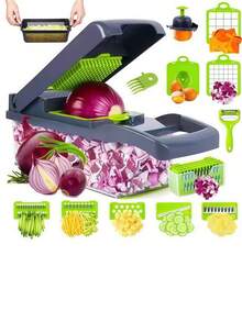 Máy thái rau củ đa năng 16 trong 1, máy thái rau củ, máy băm hành tây, máy thái phô mai, rổ lọc, dụng cụ nhà bếp (Xám/Xanh lá cây) - Xám - Xem 6