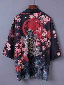 日本浮世绘风格复古罩衫和服，夏季七分袖宽松沙滩罩衫，休闲百搭中式轻薄外套 - 黑色 - 查看 5