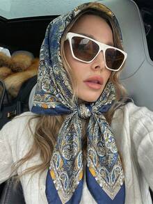 1pc Bohemian Vintage Paisley & Ditsy Floral Silk Woman Bandana Scarf, Lightweight Breathable Shawl, Suitable For Casual Wear & Outdoor In Spring/Summer Hair Accessories Boho Hair Bands Fall Winter Headbands For Women For Vacation Outfits Woman - 寶藍色 - 查看 3