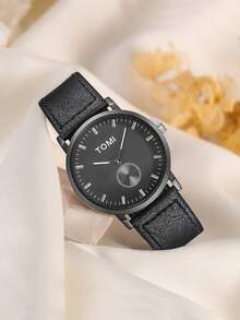 TOMI Women's Minimalist Ultra-Thin Two-Needle Semi-Real Dial Small Seconds Dial Retro Leather Strap Quartz Watch, Suitable For Daily Life And Holiday Gifts - Black - View 2