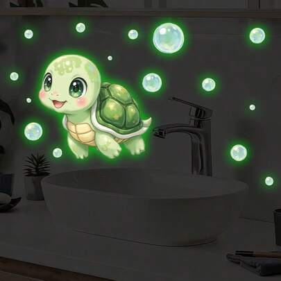 BRUP 1 Sheet Glow In The Dark Turtle Wall Sticker, Green Turtle With Bubbles Glow Decal For Kid's Bedroom Bathroom Laundry Room Decor , Removable Peel And Stick, Summer Marine Animals Night Light Theme Art