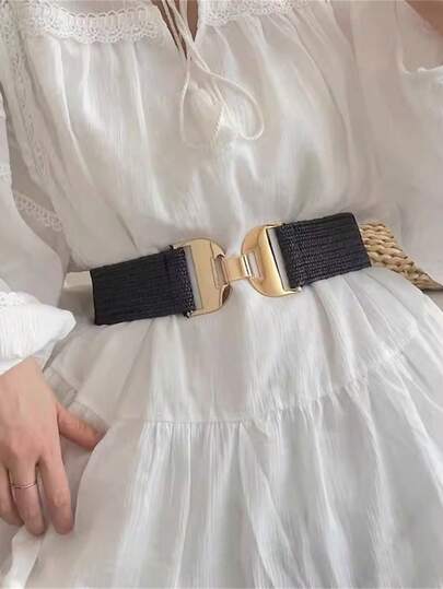 1条女士经典时尚百搭光滑几何扣编织弹力腰带，适合日常穿着