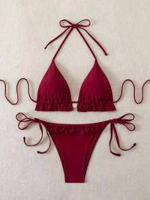 Swim Mod Women's Swimsuit, Two-Piece Bikini Set With Halter Neck, Ruffles And Bow In Solid Color For Summer - 波爾多 - 查看 3
