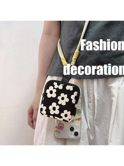 Floral Print Coin Purse With Detachable Hook, Multi-Functional Mini Zippered Wallet, Can Hold Cash, Cards, Earphones, Etc., Cute Waist Bag, Stylish And Compact Phone Pouch, An Everyday Essential.