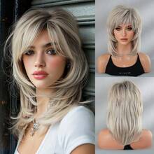 7JHH WIGS 短款米灰色蓬松层次感80年代鲻鱼头精灵假发，带刘海，狼式卷发，合成材质，自然趣味，成人假发，适合日常、派对、角色扮演、万圣节等场合，16英寸 - 淺灰色 - 查看 12