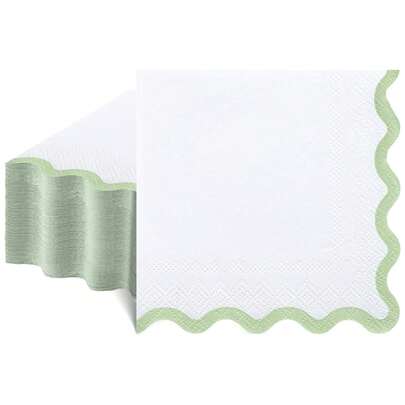 20/40/60 chiếc, Khăn ăn/khăn cocktail viền lượn sóng màu xanh lá cây, Khăn ăn 2 lớp màu trắng cổ điển với viền lượn sóng màu xanh lá cây nhạt, Khăn ăn dùng một lần cho món tráng miệng và đồ uống, Khăn giấy dễ thương phù hợp cho Ngày của Mẹ, Tiệc mừng em bé, Tiệc cưới, Tiệc tiết lộ giới tính, Sinh nhật và các dịp khác.