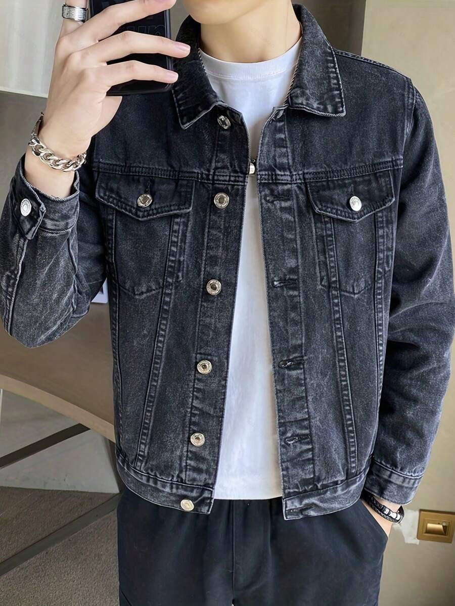 Áo khoác denim nam mùa xuân/thu mới, áo khoác ngoài denim màu đen xám thời trang thường ngày, phong cách đường phố. - màu đen - Xem 1