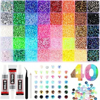 32,000pcs/40 Colors/3mm Flat Bottom Rhinestone Set, Multi-Color Handmade Gems Set With Pickup Pen And Tweezers. Suitable For DIY, Clothing, Shoes Sparkling Jewelry - Colorful Mixed Color Palette.