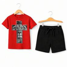 Conjunto Infantil Masculino Leão D ajuda Camiseta e short em Algodão - Vermelho - Visão 3