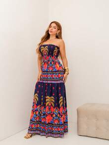 RAINBOW Strapless Long Dress Plain Printed Viscose Cheap Size 36-42 With Elastic Casual Elegant Women's For Versatile And Comfortable Looks - 65-海軍藍 - 查看 4