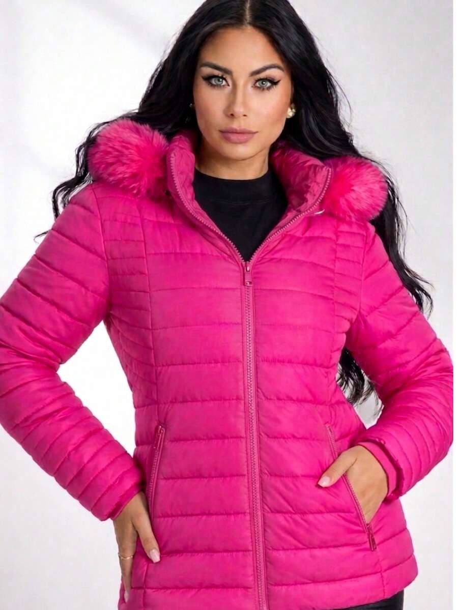 Women's Puffer Jacket With Faux Fur Lining, Comfortable And Stylish - Hot Pink - View 1