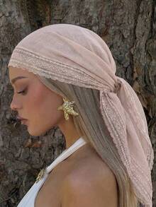 Pañuelo cuadrado de mujer elegante de unicolor con ribete de encaje, multifuncional como chal y accesorio para el cabello, adecuado para usar en mezquitas - Albaricoque - Ver 2