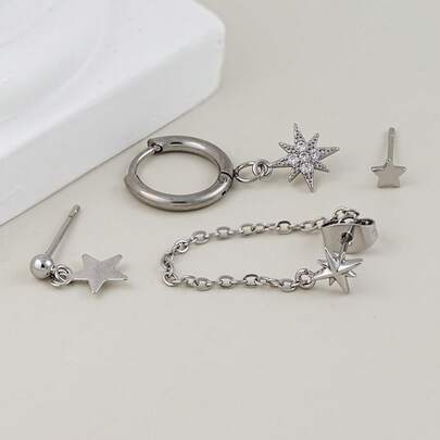4pcs Cubic Zirconia Star Pendant Earrings Set, Sparkling Jewelry Suitable For Women's Daily, Date, Music Festival Layering