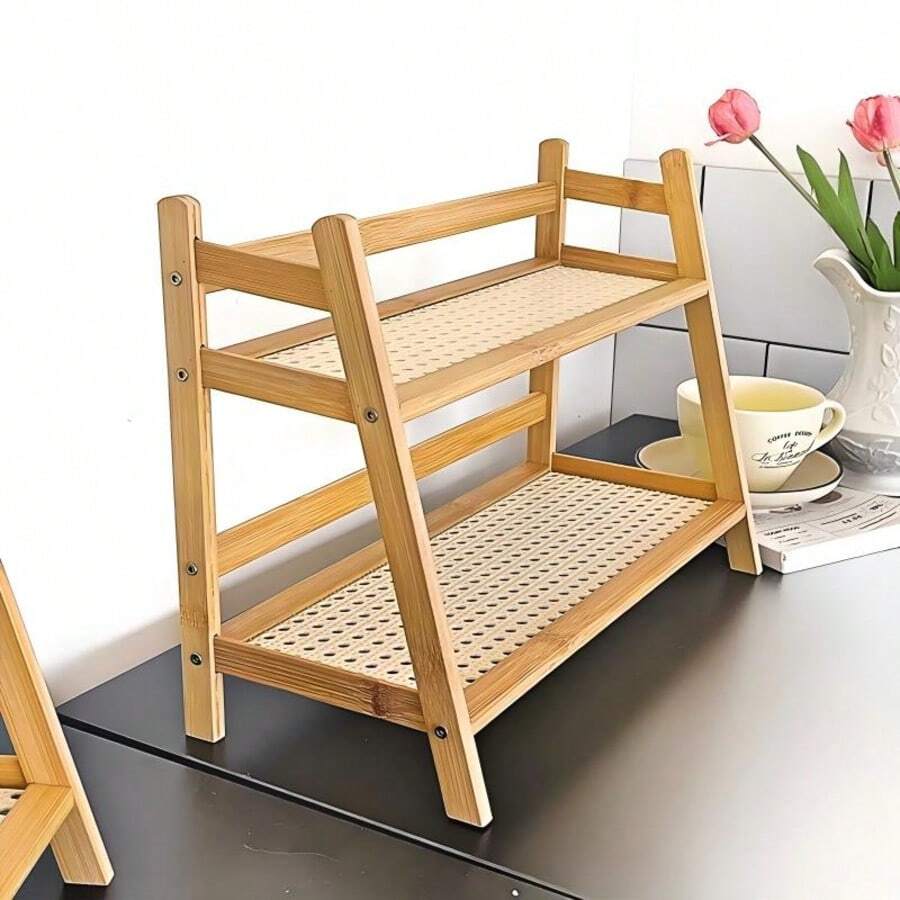 2-Tier Bamboo Freestanding Storage Shelf, Desktop Organizer, Desk Storage Rack, Kitchen Spice Rack, Doll Display Stand, Coffee Organizer, Cup Holder, Plant Pot Stand, Kitchen Storage Rack, Dorm Cosmetics Organizer. Bedroom, Dormitory And Office Desk.