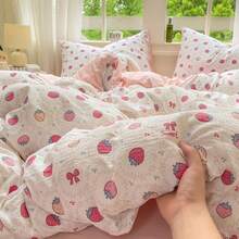 Bộ chăn ga gối 3/4 món, vỏ chăn in hình dâu tây và nơ, bộ chăn ga gối họa tiết hoa ngọt ngào và dễ thương, họa tiết hoa lãng mạn, có thể giặt máy/giặt tay, bao gồm 1 vỏ chăn (không kèm ruột chăn), 1 ga trải giường, 1/2 vỏ gối (không kèm ruột gối) - Dâu tây ngọt - Xem 2