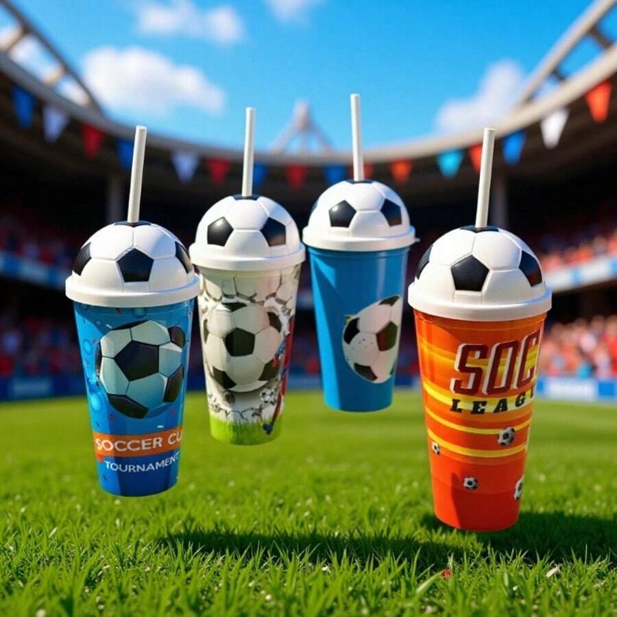 Cheers To The World Cup! This Eye-Catching Soccer Straw Cup Brings The Stadium Vibe Wherever You Go. Its Rounded Body Paired With A Lifelike Soccer Ball Lid Turns Every Sip Into A Special Ritual-Both A Practical Water Bottle And A Must-Have World Cup Collectible For Fans! 600ML World Cup Soccer Design PP Single-Layer Large-Capacity Straw Cup - Multicolor - View 1