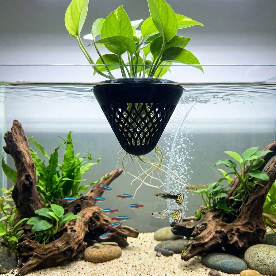 Vaso flutuante para aquário, suporte para plantas aquáticas, ideal para hidroponia, hera e outras plantas aquáticas. Copo suspenso para cultivo na linha d'água com cesto para raízes, perfeito para decoração de aquários.