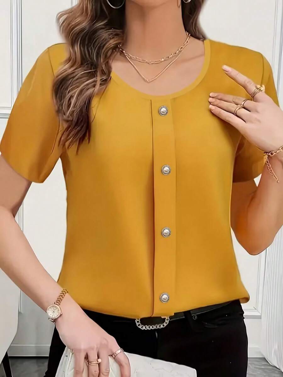 Blusa elegante de unicolor con botones delanteros, adecuada para el trabajo, el transporte y las citas, nueva para primavera/verano - Naranja - Ver 1