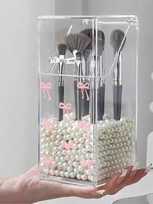 New Bow Pattern Dust-Proof Makeup Brush Storage Holder,Transparent Desktop Organizer With Cover, Makeup Brush And Pen Holder, Dust-Proof Storage Box For Cosmetics, Stationery, And Small Items, Multi-Functional Stand Makeup Brush Holder For Home And Office Use, With Dust-Proof Cover, Acrylic Makeup Storage Box, Large Capacity Vanity Brush Holder,For Holiday Beach, Bathroom Collection, Bedroom Collection, Large Capacity - Multicolor - View 6