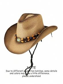 1pc Western Cowboy Hat, Bohemian Beaded Bowknot Teardrop Painted Windproof Rope Design Woven Panama Hat, Versatile For Various Occasions Like Parties, Western Themed Events, Graduation, Masquerade, Festivals, Birthdays, Photography, Hiking, Suitable For Men,Summer,Beach,Holiday - Top Hat - View 8