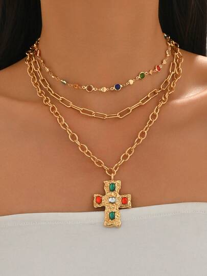 3pcs/Set Vintage Luxury Gold Chain Layered Colorful Crystal Cross Pendant Necklace, Fashion Jewelry For Women, Suitable For Daily Wear, Party, Music Festival, Random Crystal Color