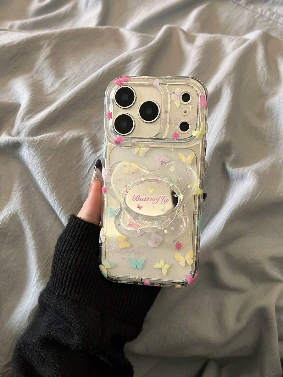 Colorful Mirror Butterfly Phone Stand Case Compatible With Iphone 17 Pro Max, 17 New, 16 Pro, 14, 16, 15, 13, Makeup Mirror Protection Cover - Clear - View 1