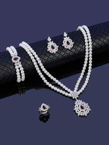 Bộ trang sức ngọc trai thủy tinh đính đá Zirconia gồm dây chuyền, vòng tay, bông tai và nhẫn, quà tặng cho nữ, cô dâu, ngày Valentine. - Ngọc trai - Xem 10