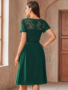 MIUSOL Elegant V-Neck Floral Lace Pleated Hem Chiffon Swing Dress, Suitable For Wedding Guest, Graduation Party, Events Summer - Dark Green - View 3