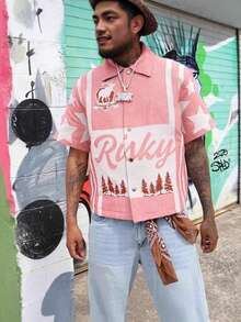 Vintage Street Hip Hop Alphabet Character 3D Printing Loose Men's Short Sleeve Cardigan Shirt - Light Pink - View 2