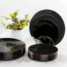 黑色镶边餐具套装，黑色餐盘配金色镶边，适用于生日、派对、宴会、节日聚会、新年庆祝活动、餐饮活动等各种场合。 - 黑色 - 查看 8