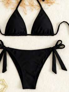 Bộ bikini 2 mảnh màu đen trơn, gợi cảm, đa năng dành cho nữ, thích hợp cho kỳ nghỉ biển và spa. - màu đen - Xem 5