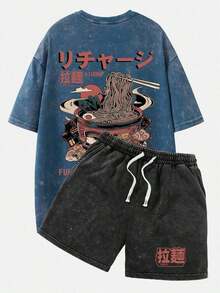 Shwiy Men's Washed Black Drawstring Shorts Set, Casual Graphic Tee With Ramen Print, Suitable For Spring/Summer Daily Wear, Anime/Manga Fan Gift, Streetwear Stylesummer Outfits Summer Set De Dos Pieza De Mujer Graphic Tees Jorts 100 Percent Cottonshorts For Men - 藍色 - 查看 19
