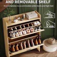 Platzsparender Schuhschrank für Flur – Schmaler, freistehender Schuh-Organizer mit 2 Klappfächern – Höhenverstellbare Einlegeböden, Holz & Metall, für 12–16 Paar Schuhe, 23,5 cm tief - Holzfarbe - Übersicht 6