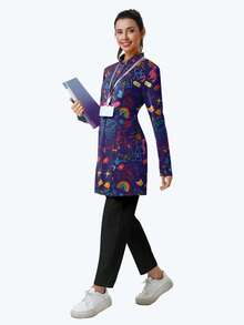 cimmuovere Women's Printed Zip-Up Scrub Jacket With Pockets, Workwear For Nurse, Dentist, Healthcare, Pet Hospital, Laboratory Vacation Spring - Navy Blue - View 6