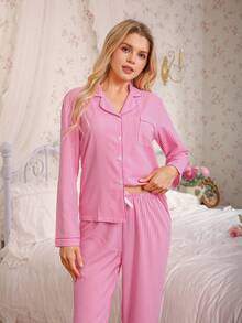 两件套条纹睡衣套装，甜美可爱翻领纽扣长袖上衣和裤子，女士居家睡衣和休闲服 - 粉色 - 查看 3