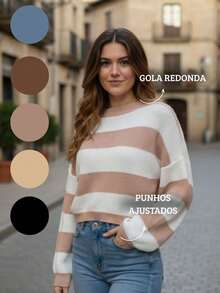 Women's Striped Knit Blouse With Long Sleeves And Round Neck - Versatile Winter - 灰色 - 查看 2