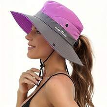 Women's Embroidered Ponytail Hole Sun Protection Bucket Hat Outdoor Fishing Hiking Mountaineering Sunshade Bucket Hat Fashion Summer Outdoor Sun Protection Bucket Hat,Beach,Vacation - Multicolor - View 3
