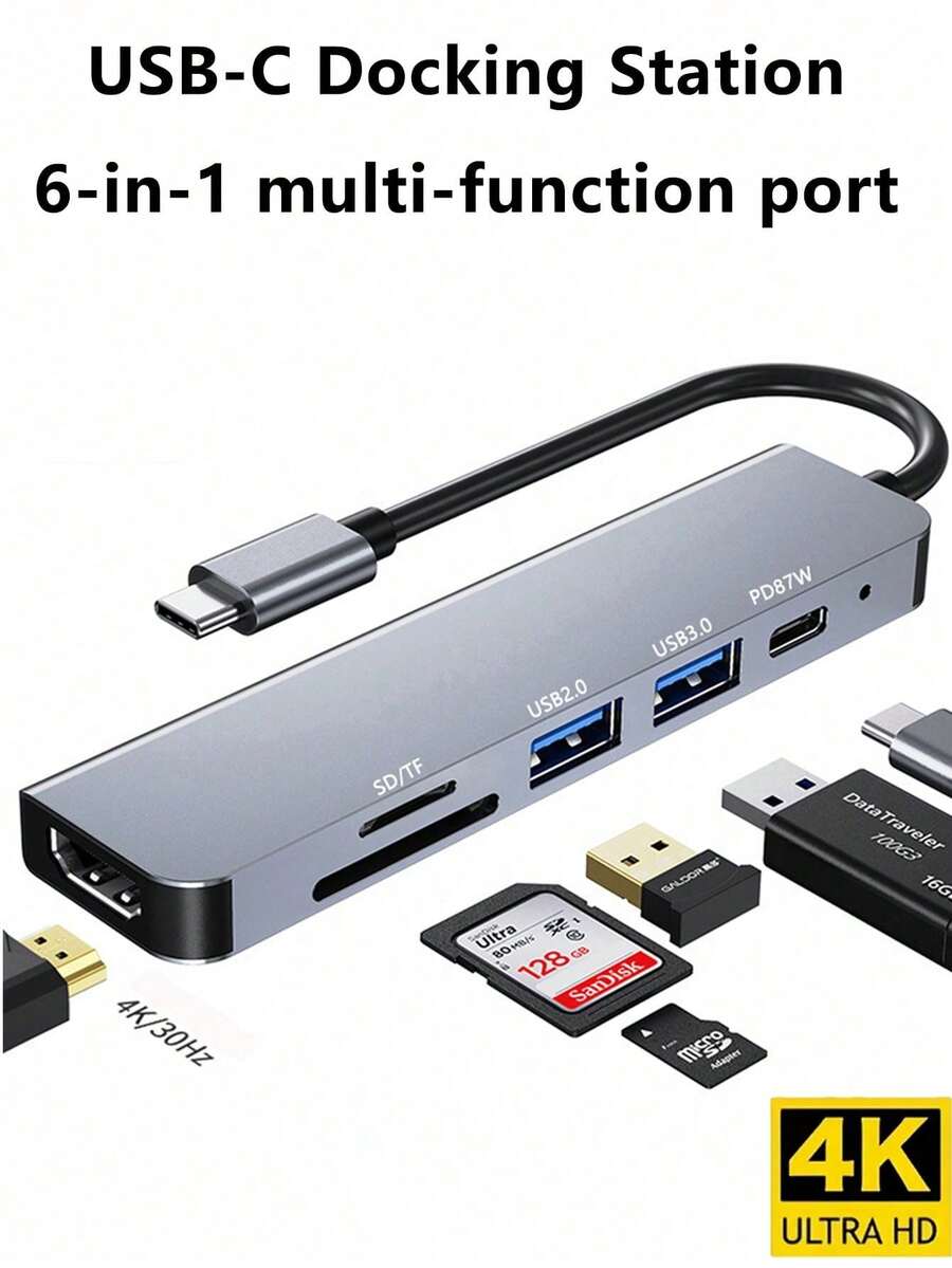 六合一 USB-C 集线器，支持 PD 充电、SD/TF 卡读卡器、USB 3.0 和 USB 2.0 端口，兼容 Type-C 笔记本电脑 - 查看 1