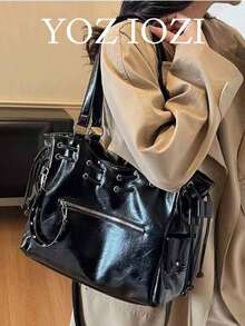 Túi xách xe máy phong cách retro Mỹ sang trọng, thanh lịch với đinh tán, túi đeo vai dây rút tối giản, dung tích lớn, thích hợp cho người đi làm. - màu đen - Xem 4
