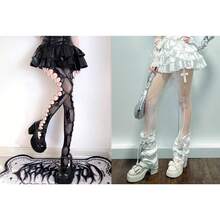 Medias altas de muslo de estilo punk Y2K para mujer - Medias altas de encaje floral transparente y sexy con patrón elástico antideslizante, adecuadas para atuendos de fiesta, rave - Multicolor - Ver 17