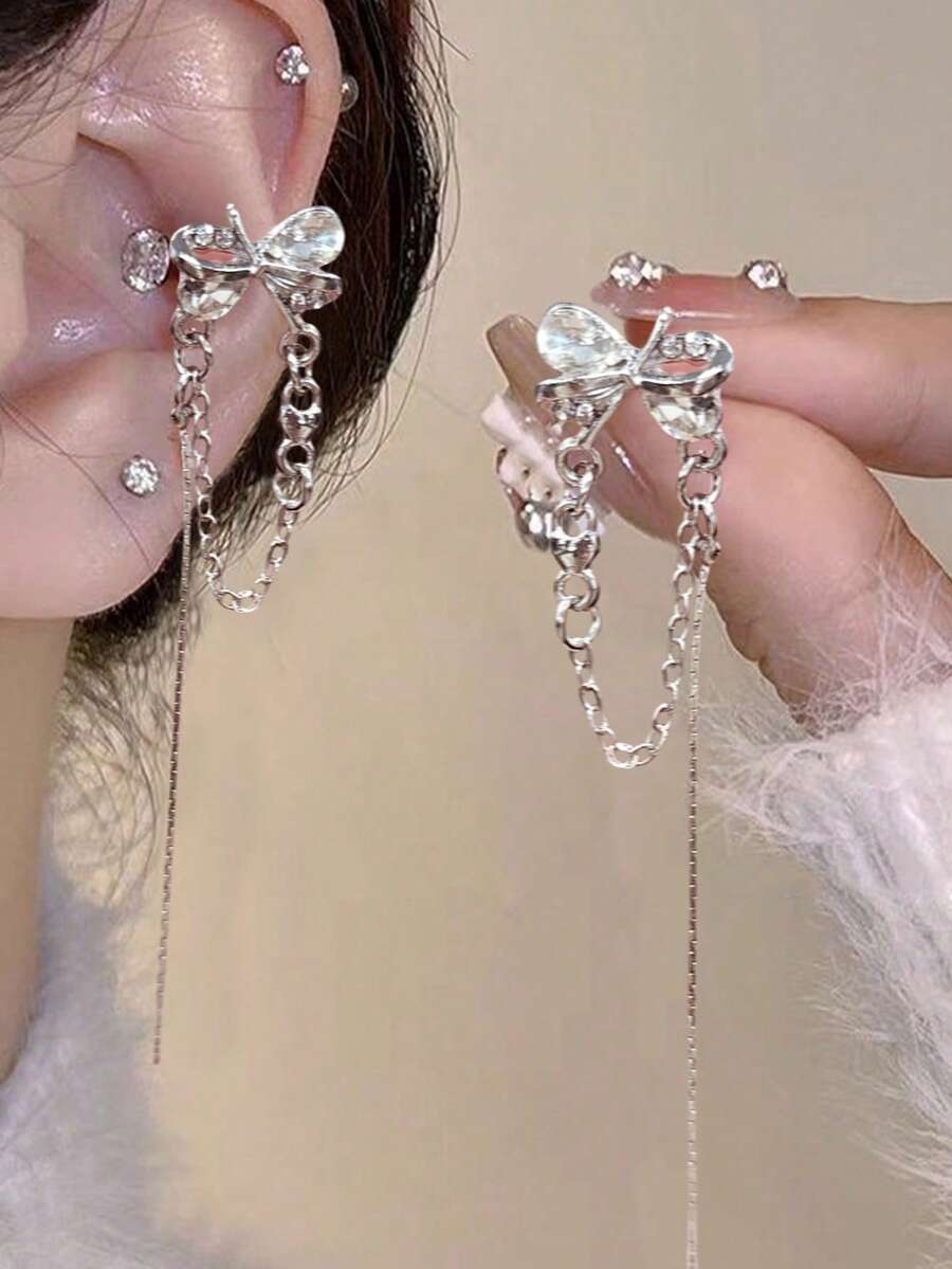2件套时尚优雅蝴蝶结耳环，几何流苏链镶钻银吊坠耳环，适合女性日常、派对、音乐节、约会佩戴，珠宝礼品 - 銀色 - 查看 1