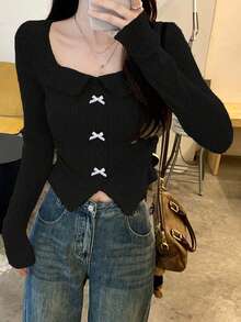 Áo thun dài tay cổ nơ kiểu Mỹ cổ điển dành cho nữ, áo crop top ôm eo tôn dáng, màu đen, thích hợp mặc mùa thu đông 2025. - màu đen - Xem 1