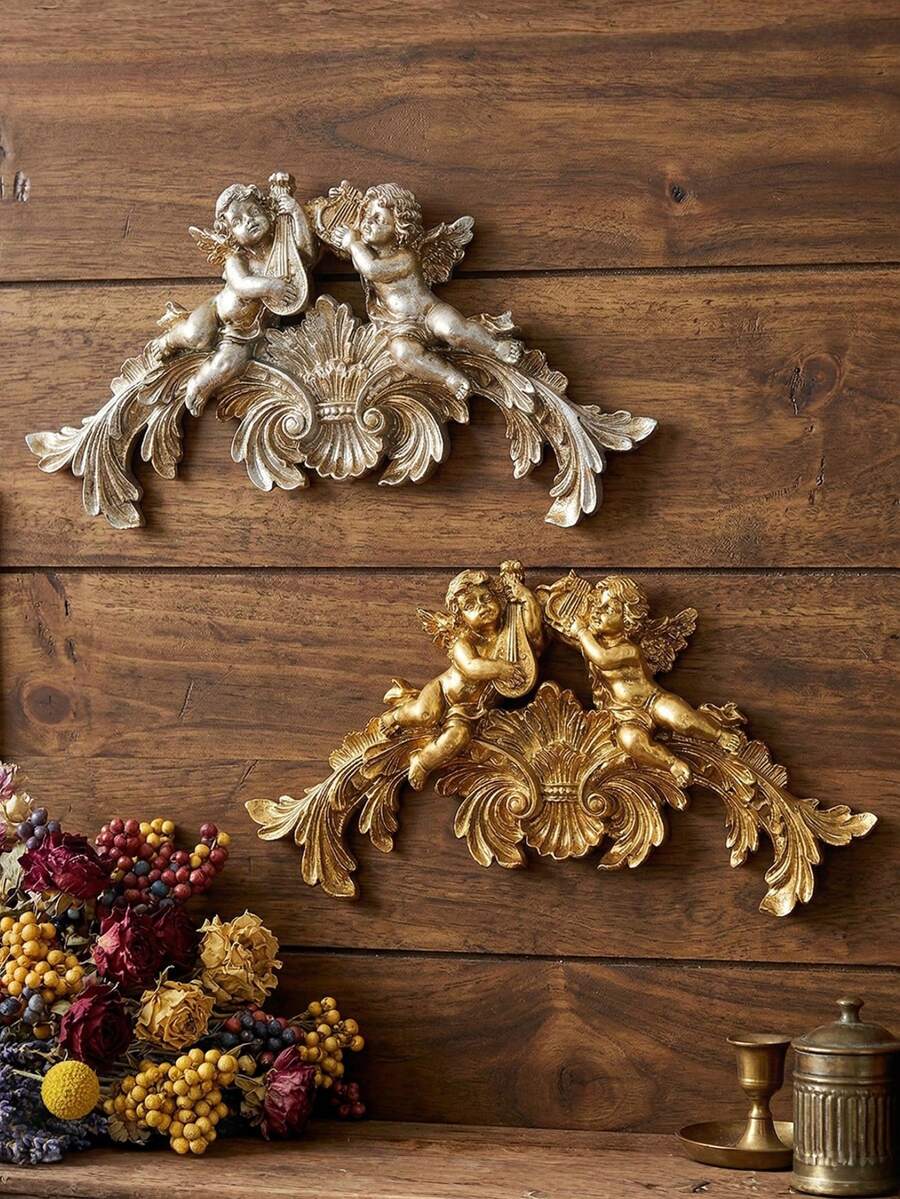1 bức tượng thiên thần chơi nhạc cụ kiểu châu Âu cổ điển, trang trí treo tường, chất liệu nhựa resin mạ vàng/bạc, thích hợp trang trí tường nhà, khách sạn, đám cưới, tiệc tùng và làm đạo cụ chụp ảnh.