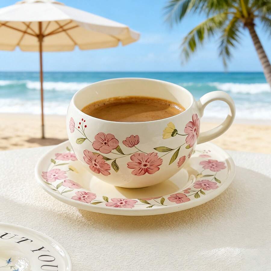 280ml Pink Floral Shaped Iced Latte Cup Set, Wedding Favor Bridal Shower Party Gift, Summer Ceramic Coffee Cup With Saucer - Multicolor - View 1