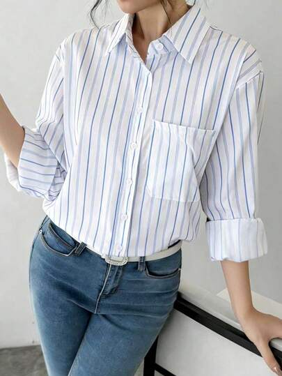 1 chiếc áo sơ mi nữ kẻ sọc, cổ bẻ, tay dài, cài cúc đơn, kiểu dáng thanh lịch thường ngày - Thoáng khí và thoải mái, phù hợp cho đi biển, đi làm, mặc hàng ngày, dự tiệc, đám cưới, và là món quà lý tưởng cho bạn gái, vợ, mẹ, Ngày của Mẹ.