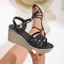 新款厚底单带高跟凉鞋，优雅坡跟，适合搭配连衣裙，露趾绑带凉鞋 - 黑色 - 查看 14