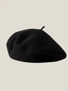1pc Unisex Beret Hat, Couple Style - Black - View 4