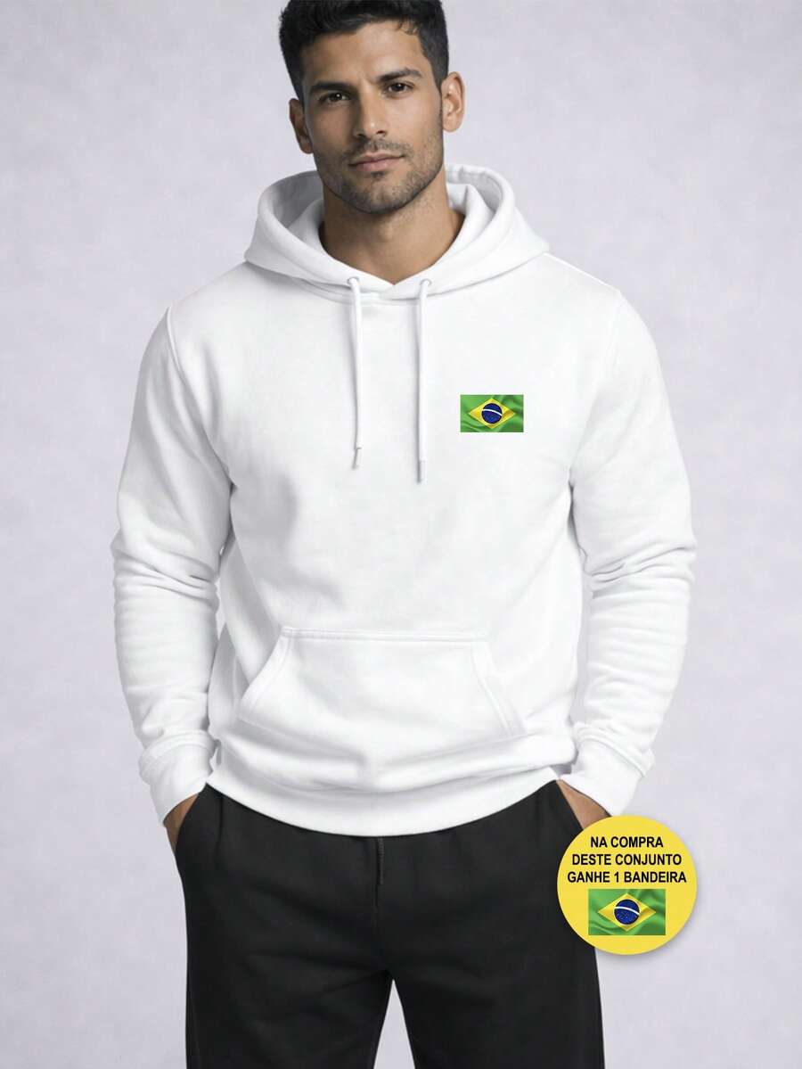 Men's Casual Hoodie And Slim Fit Jogger Pants Set, Brazilian Flag Print, Comfortable Sportswear For Winter, Modern Streetwear, Urban Men's Look, Soft And Breathable Fabric + FREE BRAZILIAN FLAG GIFT - 白色 - 查看 1