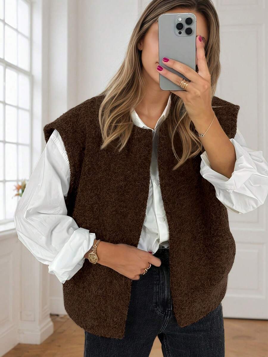 Women's Casual Loose Solid Color Fuzzy Sleeveless Cardigan Knit Sweater, Autumn/Winter - Chocolate Brown - View 1